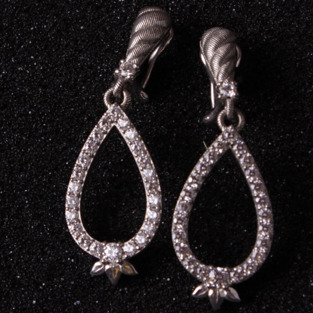Judith Ripka 925 Sterling and Pave' Set White Sapphire Pear Drop Earrings